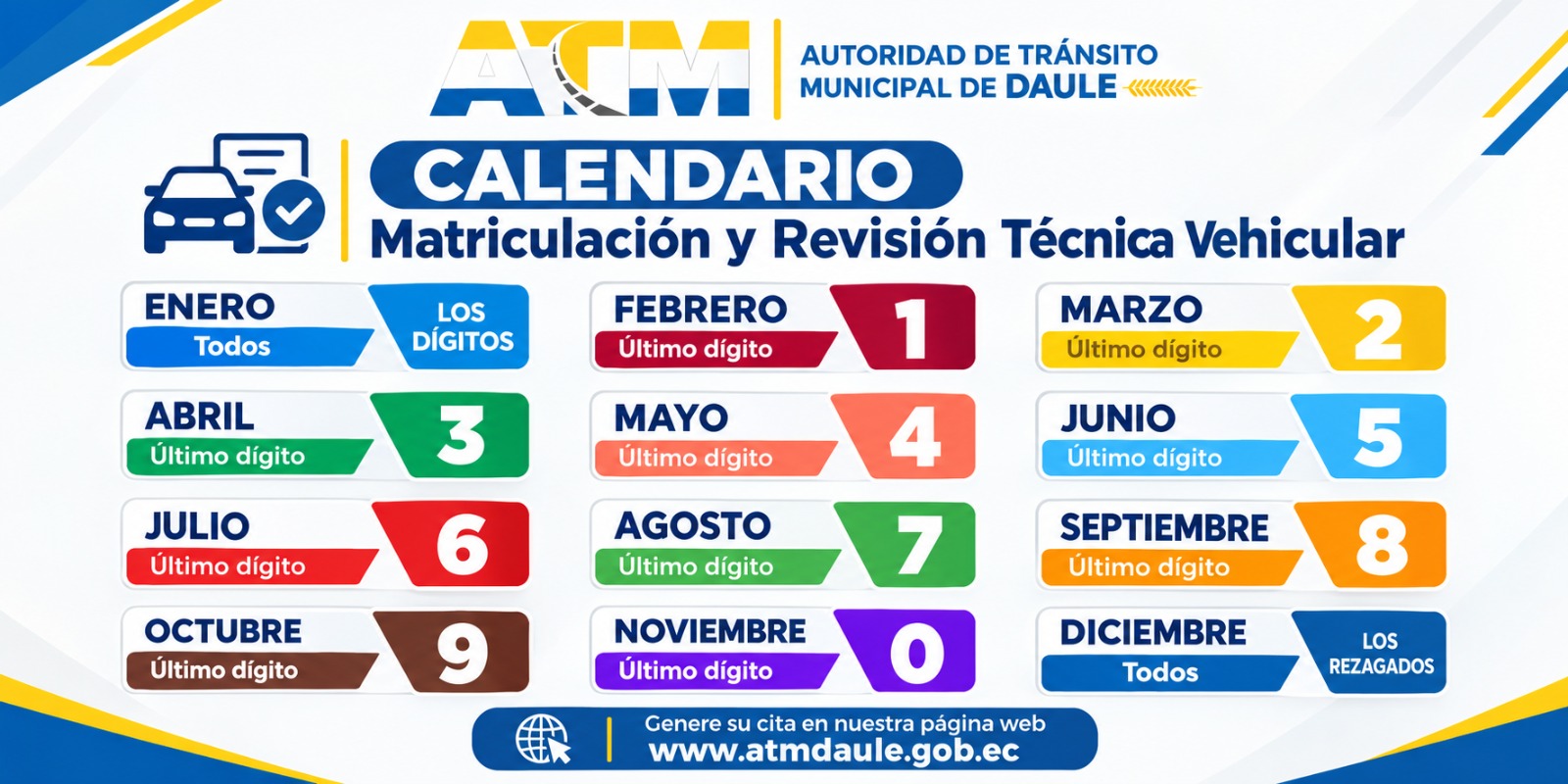 Afiche oficial del calendario vehicular de la ATM Daule